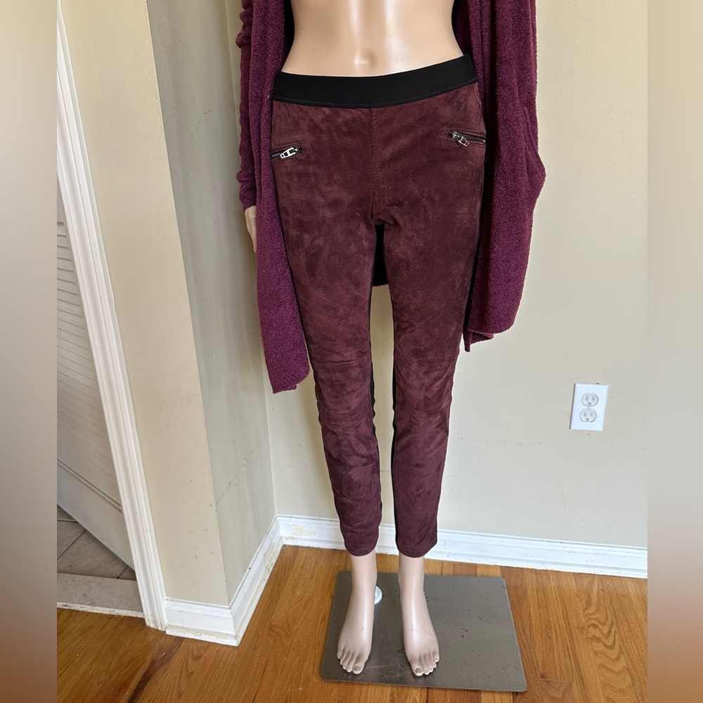 BLANK NYC Burgundy/Black Suede-Front Leggings Moto Skinny Ponte Back, Size 26